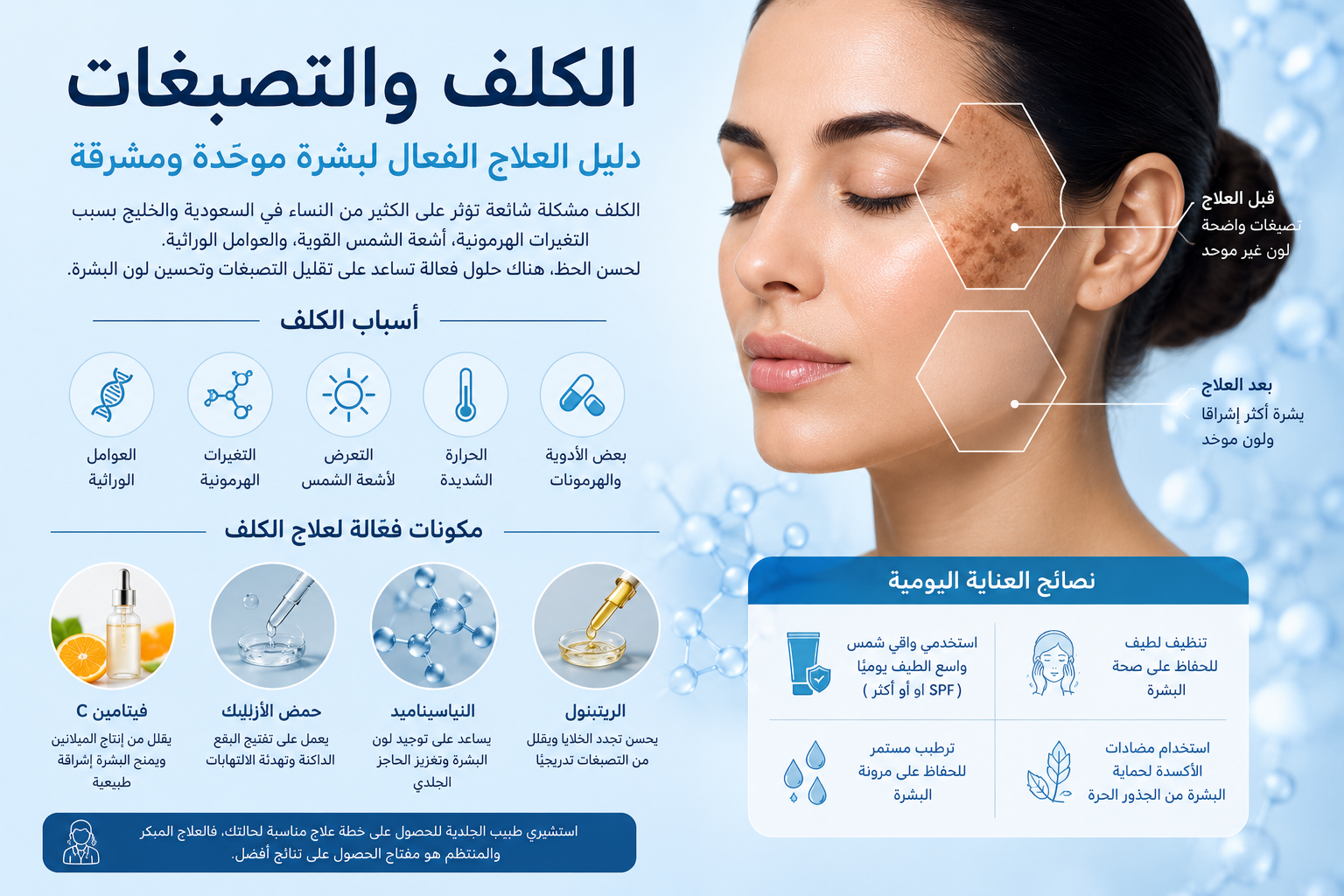 الكلف والتصبغات الجلدية: الدليل الشامل لأحدث طرق العلاج والعناية بالبشرة